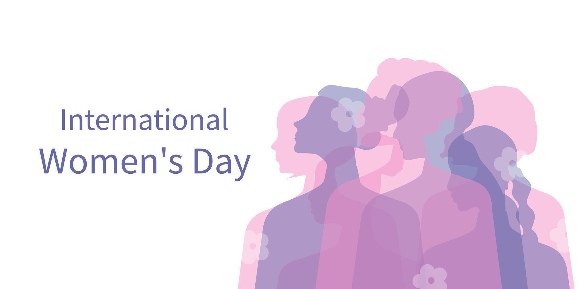 Internationale vrouwen dag. Dames van verschillend leeftijden, nationaliteiten en religies komen samen. horizontaal wit poster met transparant silhouetten van Dames. vector. vector