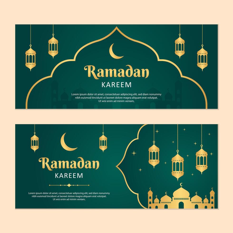 Islamitisch Ramadan viering banier sjabloon ontwerp met goud kader en lantaarn illustratie. Ramadan groen banier achtergrond. vector