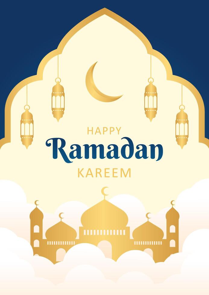 Islamitisch Ramadan viering sjabloon poster ontwerp met goud kader, moskee, en lantaarn illustratie. mooi Ramadan achtergrond, Hoes vector