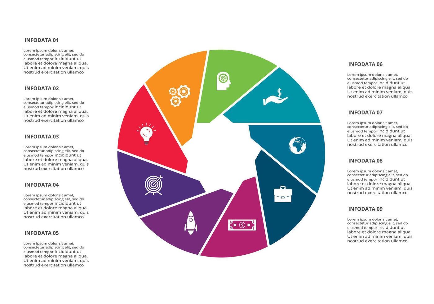 cirkel elementen van grafiek, diagram met 9 stappen, opties, onderdelen of processen. sjabloon voor infografisch, presentatie. vector