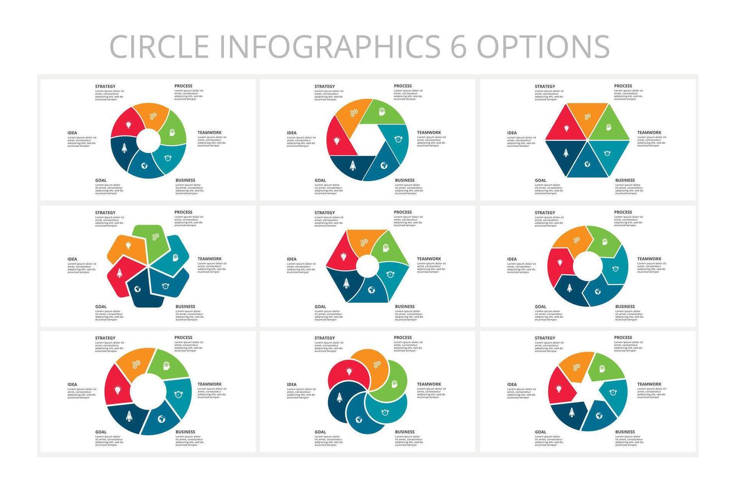 reeks cirkel elementen van grafiek, diagram met 6 stappen, opties, onderdelen of processen. sjabloon voor infografisch, presentatie. vector