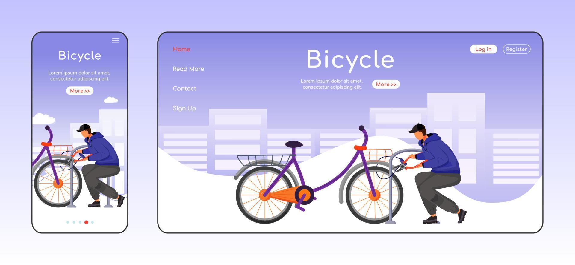 fietsdiefstal adaptieve bestemmingspagina egale kleur vector sjabloon. man steelt fiets. straatinbreker mobiele en pc-homepage-lay-out. outdoor overval één pagina website ui. webpagina cross-platform ontwerp