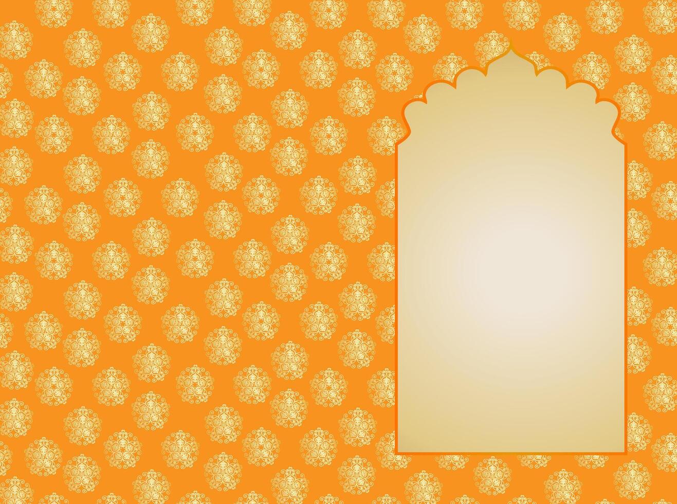 Indisch oranje gouden venster in mughal stijl vector oosters kader ontwerp sjabloon, plaats voor tekst ansichtkaart, bruiloft uitnodiging