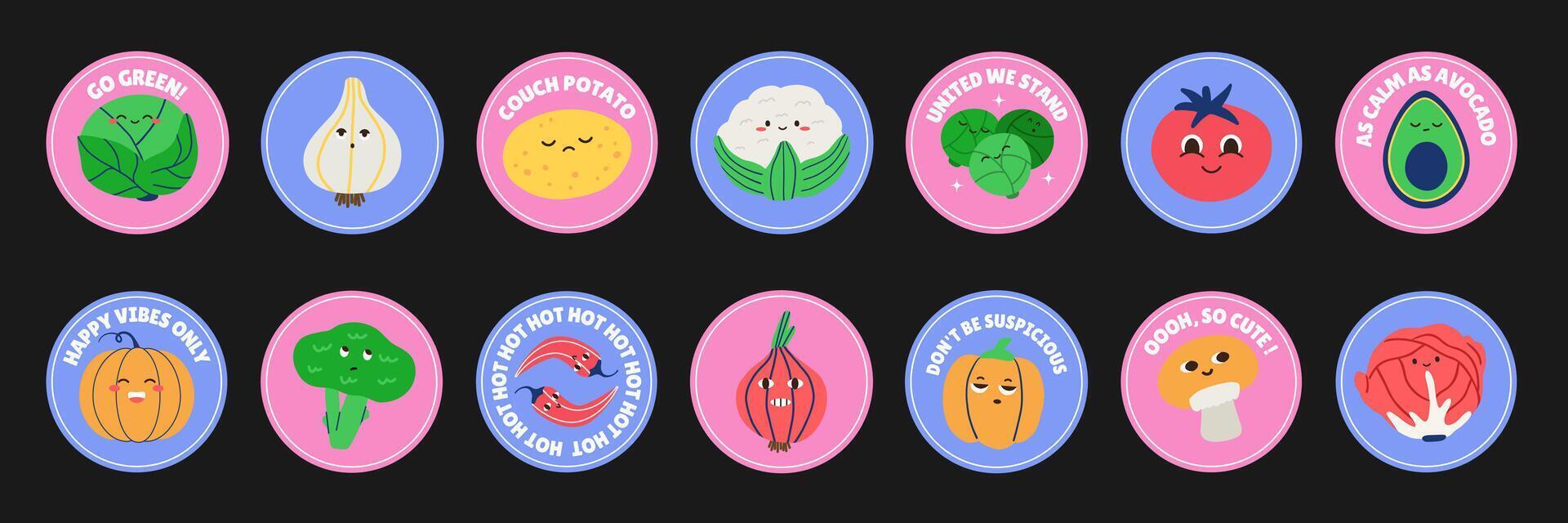 groenten funky tekenfilm stickers reeks vector