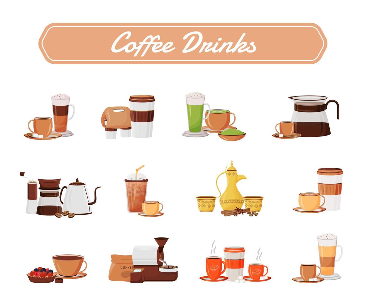 koffie drinkt egale kleur vectorobjecten set. cappuccino serveren. traditioneel dallah. americano in keramische mokken. espresso afhalen. kopjes en waterkokers 2d geïsoleerde cartoonillustraties op een witte achtergrond vector