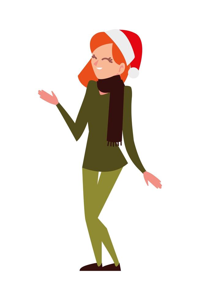 vrolijke kerstvrouw met kerstmuts en sjaal cartoon vector