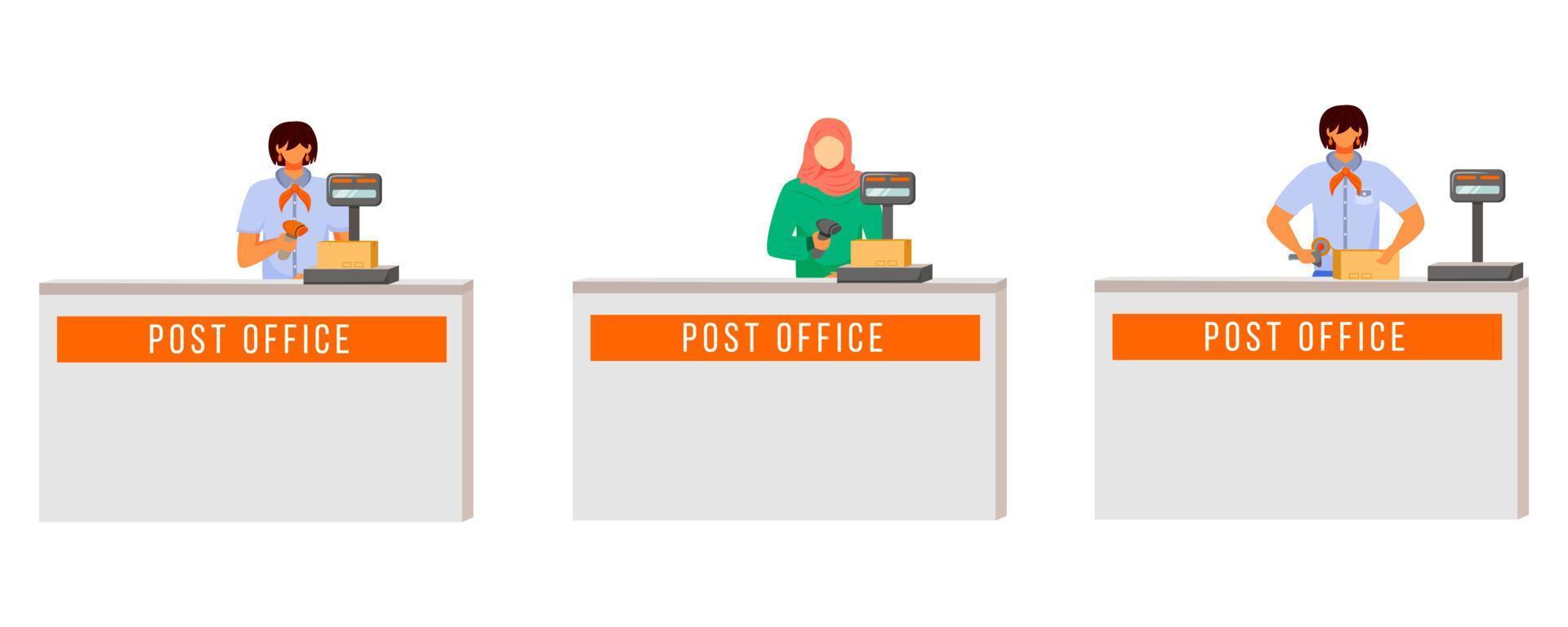 postkantoor vrouwelijke werknemers egale kleur vector illustratie set. vrouw met hijab scant pakketten. postservice leveringsproces. inzamelpunt geïsoleerde stripfiguur op witte achtergrond