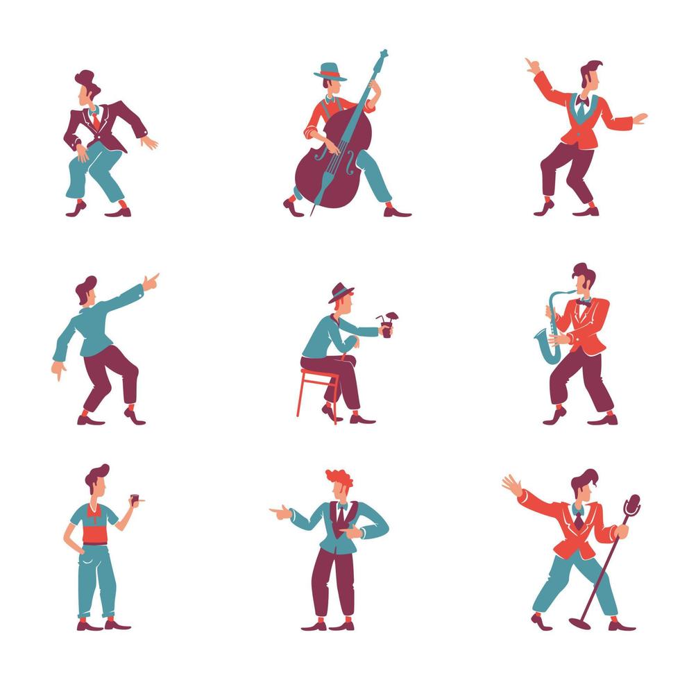 retro-stijl jongens egale kleur vector gezichtsloze tekens instellen. stijlvolle jaren 50 mannen. ouderwetse rock n roll mannelijke dansers, jazz band muzikanten geïsoleerde cartoon illustraties op witte achtergrond