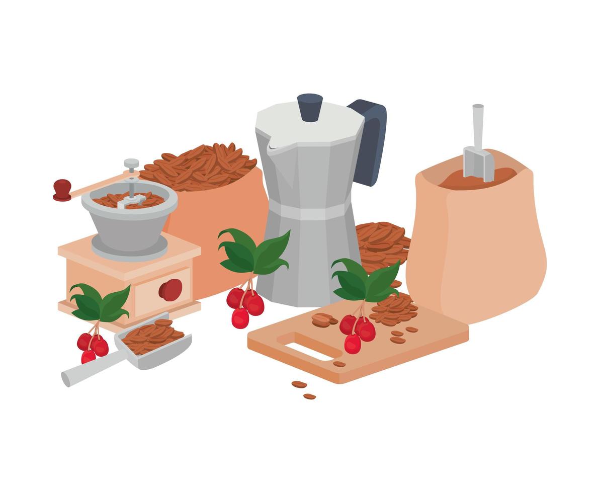 sets items voor het koken en drinken van koffie op witte achtergrond vector