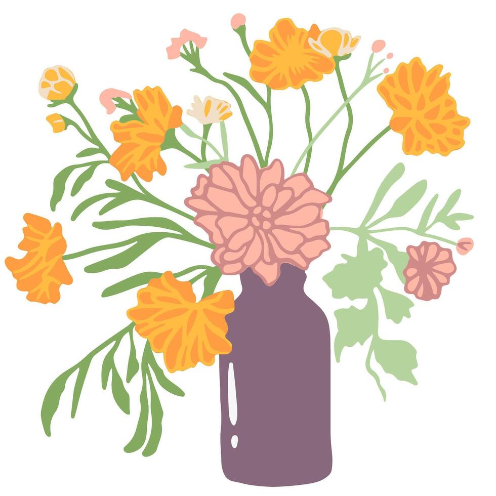 mooi boeketten met tuin en wild bloemen vector vlak illustratie. divers bloeiend planten met stengels en bladeren geïsoleerd Aan wit. bloemen decoratie of geschenk