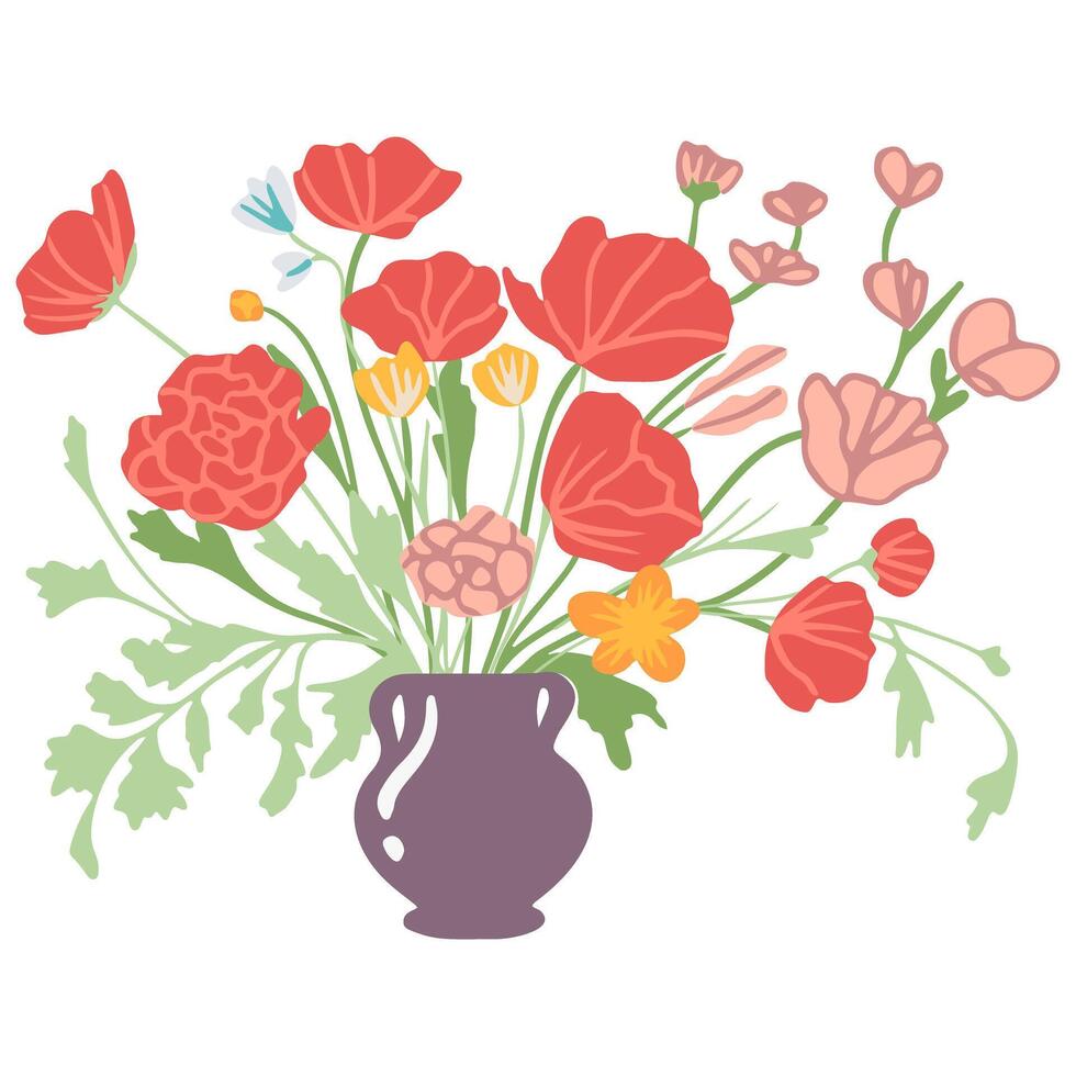 mooi boeketten met tuin en wild bloemen vector vlak illustratie. divers bloeiend planten met stengels en bladeren geïsoleerd Aan wit. bloemen decoratie of geschenk