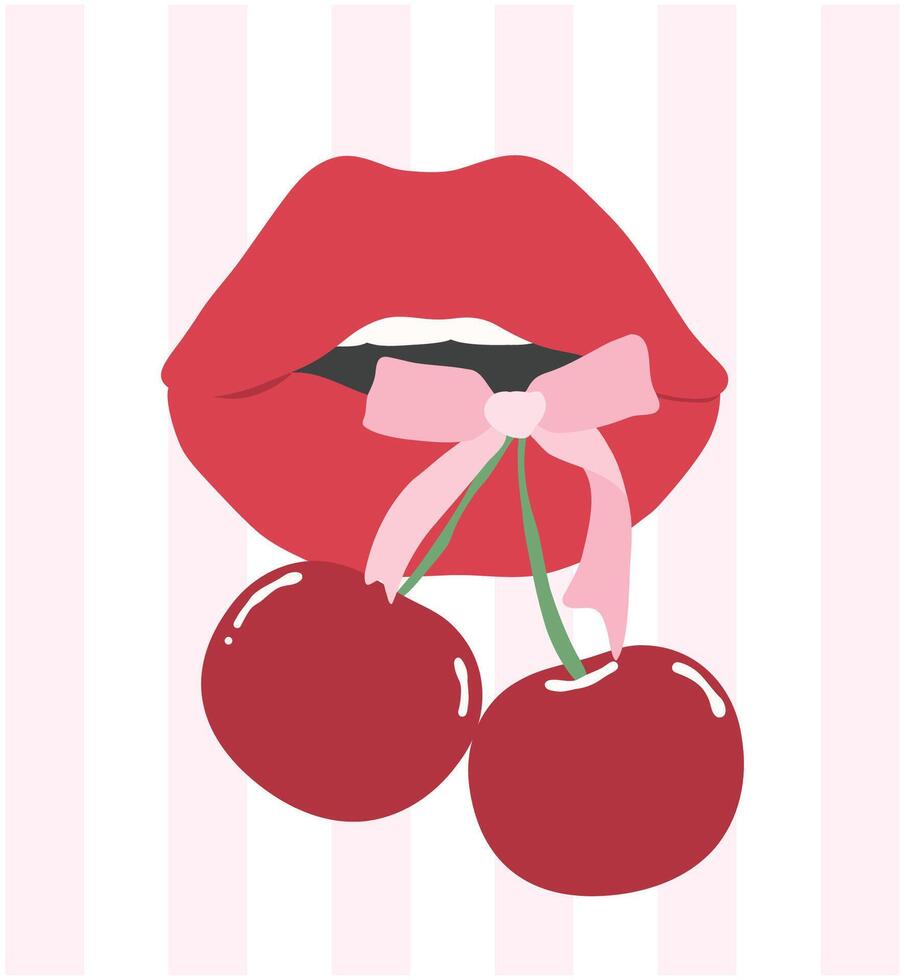 coquette lippen met kersen en roze boog, met modieus en elegant illustraties. vector