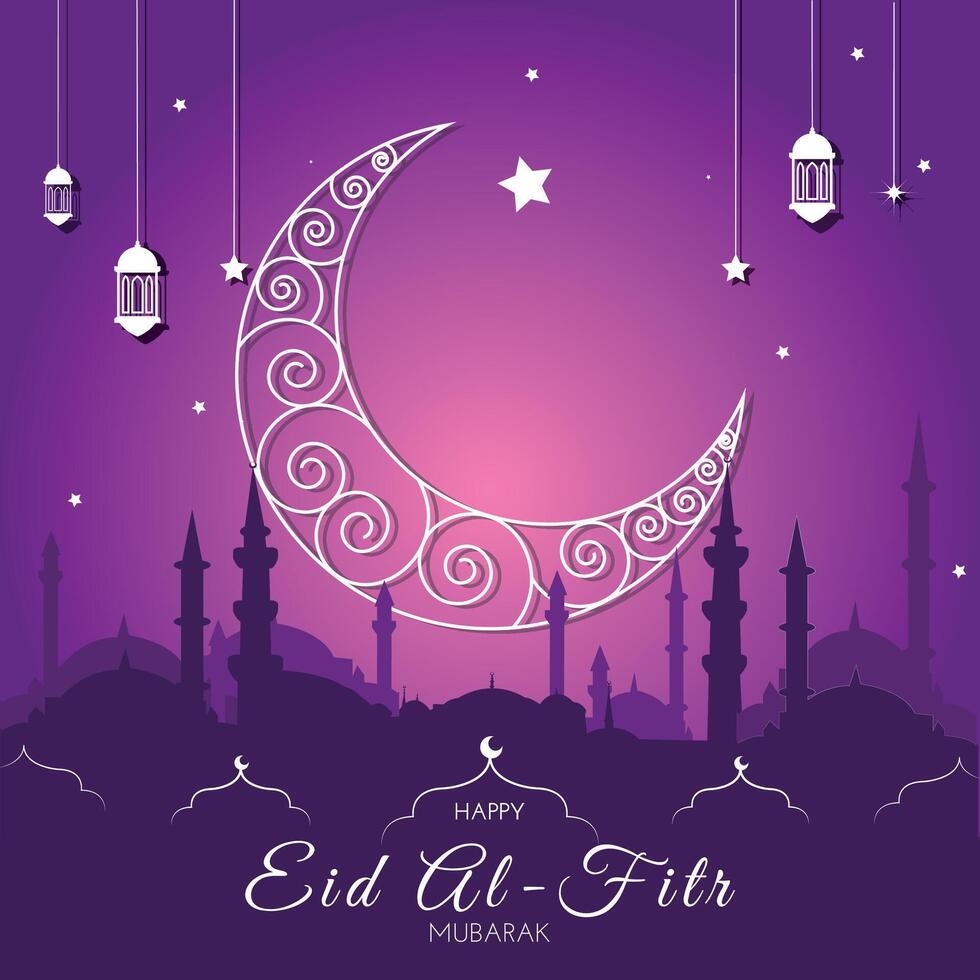 halve maan Islamitisch met lantaarns en sterren voor Ramadan, eid mubarak. groet kaart, spandoek. voor de helft maan, lamp, moskee. vector illustratie
