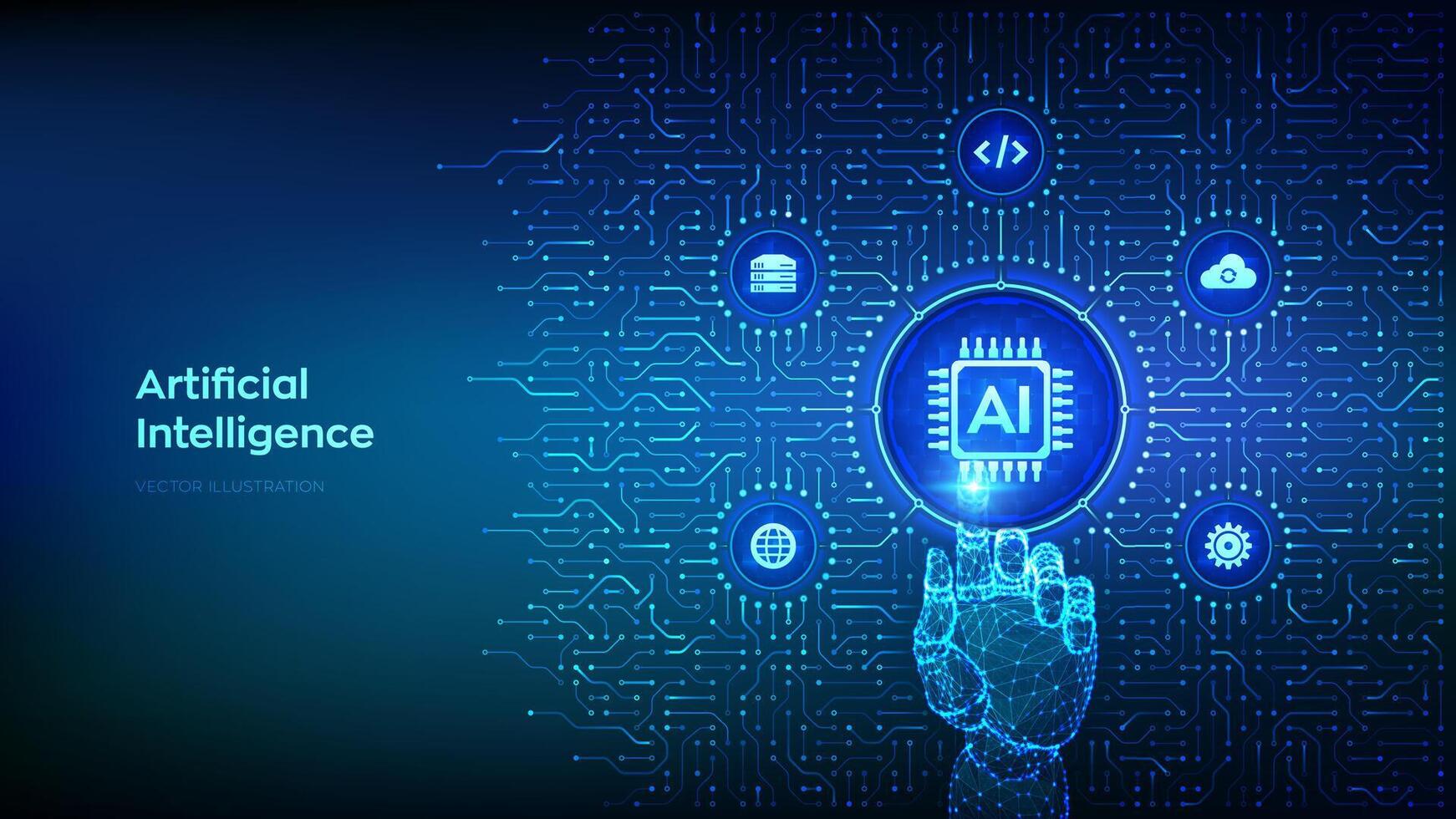 ai. kunstmatig intelligentie. machine aan het leren technologie. groot gegevens. neurale netwerken. achtergrond met stroomkring bord verbindingen en tech pictogrammen. wireframe hand- drukken knop. vector illustratie.