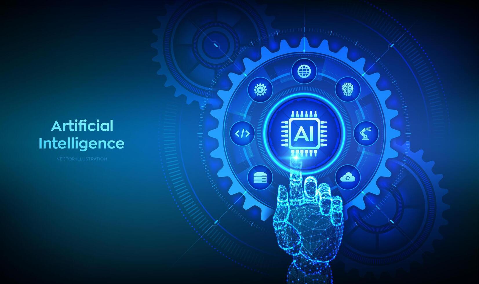 ai. kunstmatig intelligentie. machine aan het leren concept. groot gegevens analyse. neurale netwerken. wireframe hand- aanraken digitaal koppel met verbonden versnellingen radertjes en pictogrammen. vector illustratie.