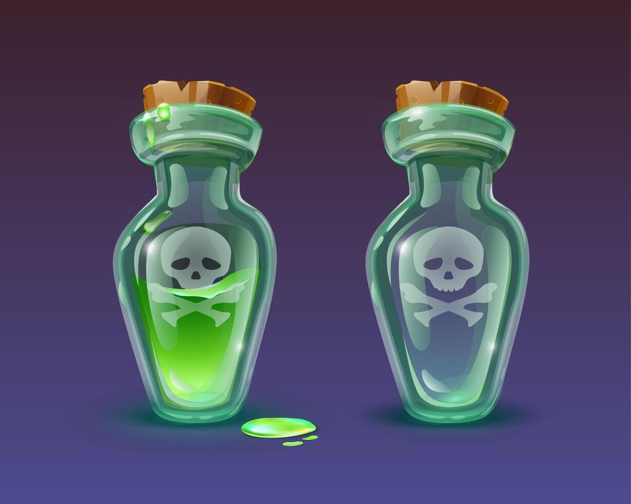 vector tekenfilm stijl icoon illustratie. glas fles met kurken met binnen groen vergiftigen met touw en etiket Aan het.