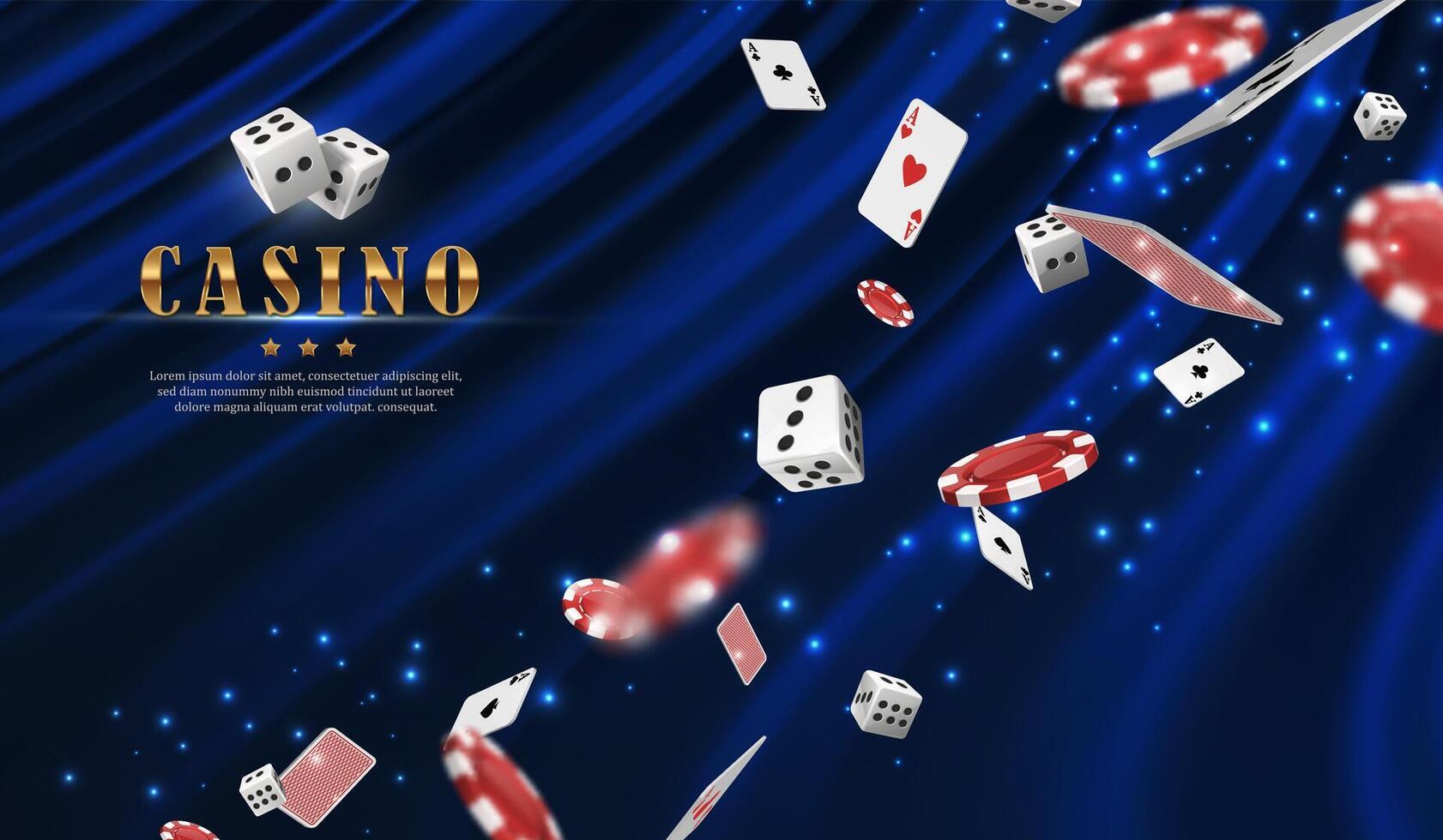 online casino vector spandoek. Aan fluweel blauw achtergrond. met spelen kaarten, chips en Dobbelsteen.