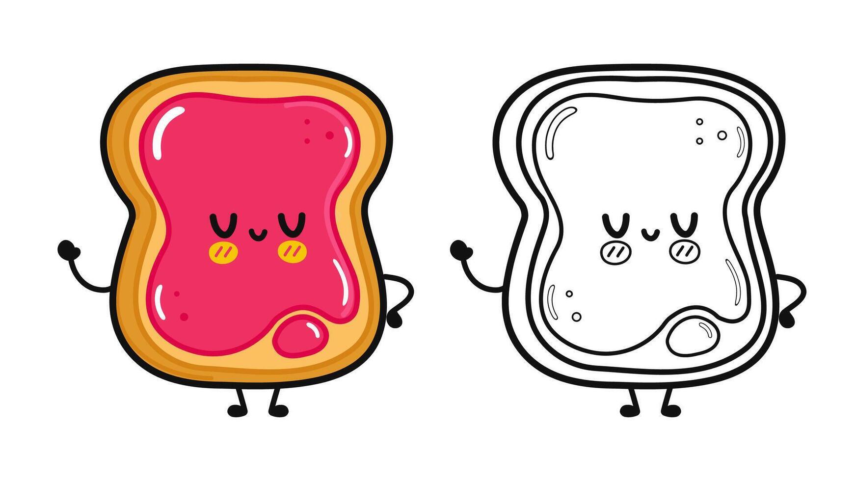 grappig schattig gelukkig geroosterd brood stuk van brood met jam tekens bundel set. vector hand- getrokken tekenfilm kawaii illustratie. schattig geroosterd brood stuk van brood met jam. schets tekenfilm illustratie voor kleur boek