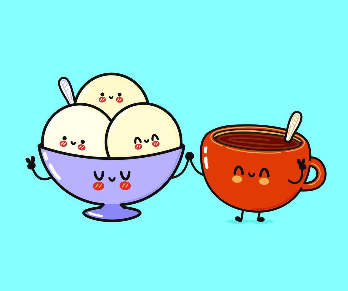 schattig, grappig gelukkig kop van koffie en ijs room karakter. vector hand- getrokken tekenfilm kawaii karakters, illustratie icoon. grappig tekenfilm kop van koffie en ijs room vrienden concept