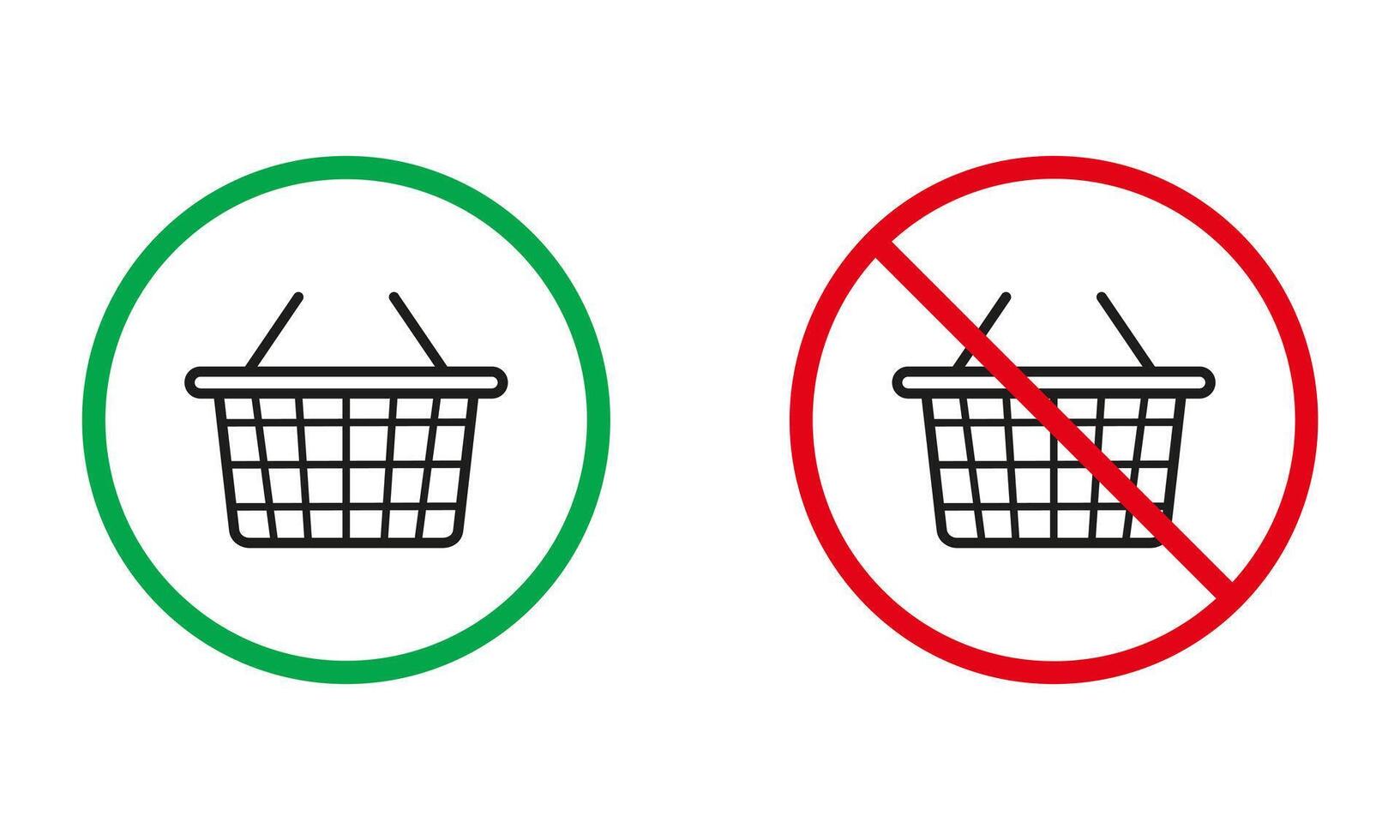 boodschappen doen kar waarschuwing tekens. trolley mand silhouet pictogrammen set. online markt toegestaan, kopen in online supermarkt verboden symbolen. geïsoleerd vector illustratie