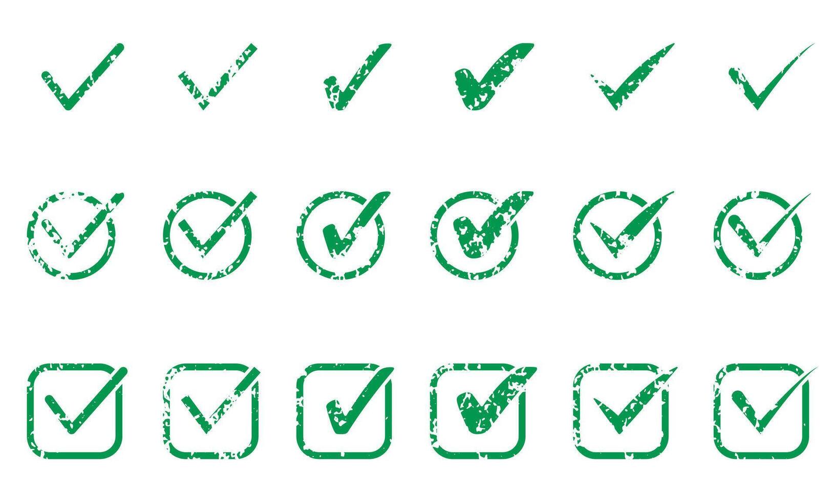 controleren Mark groen icoon set. OK teken, grunge vinkje in checkbox pictogram. correct rubber stempel, Rechtsaf keuze symbool verzameling. stemmen, bevestigen, aanvaarden Kruis aan. geïsoleerd vector illustratie