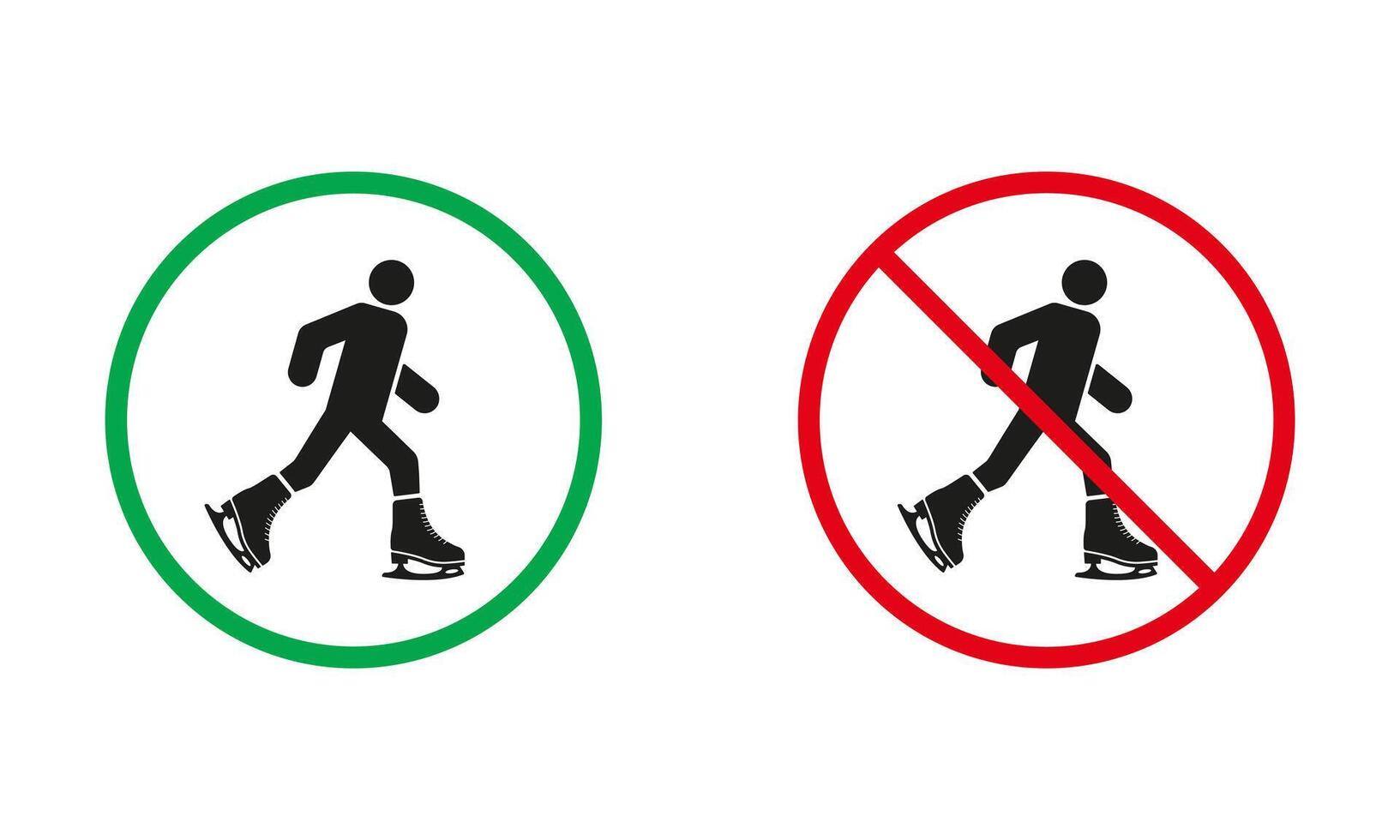 figuur het schaatsen waarschuwing teken set. ijs vleet toegestaan en verbieden silhouet pictogrammen. baan Oppervlakte recreatie rood en groen cirkel symbool, winter sport. geïsoleerd vector illustratie