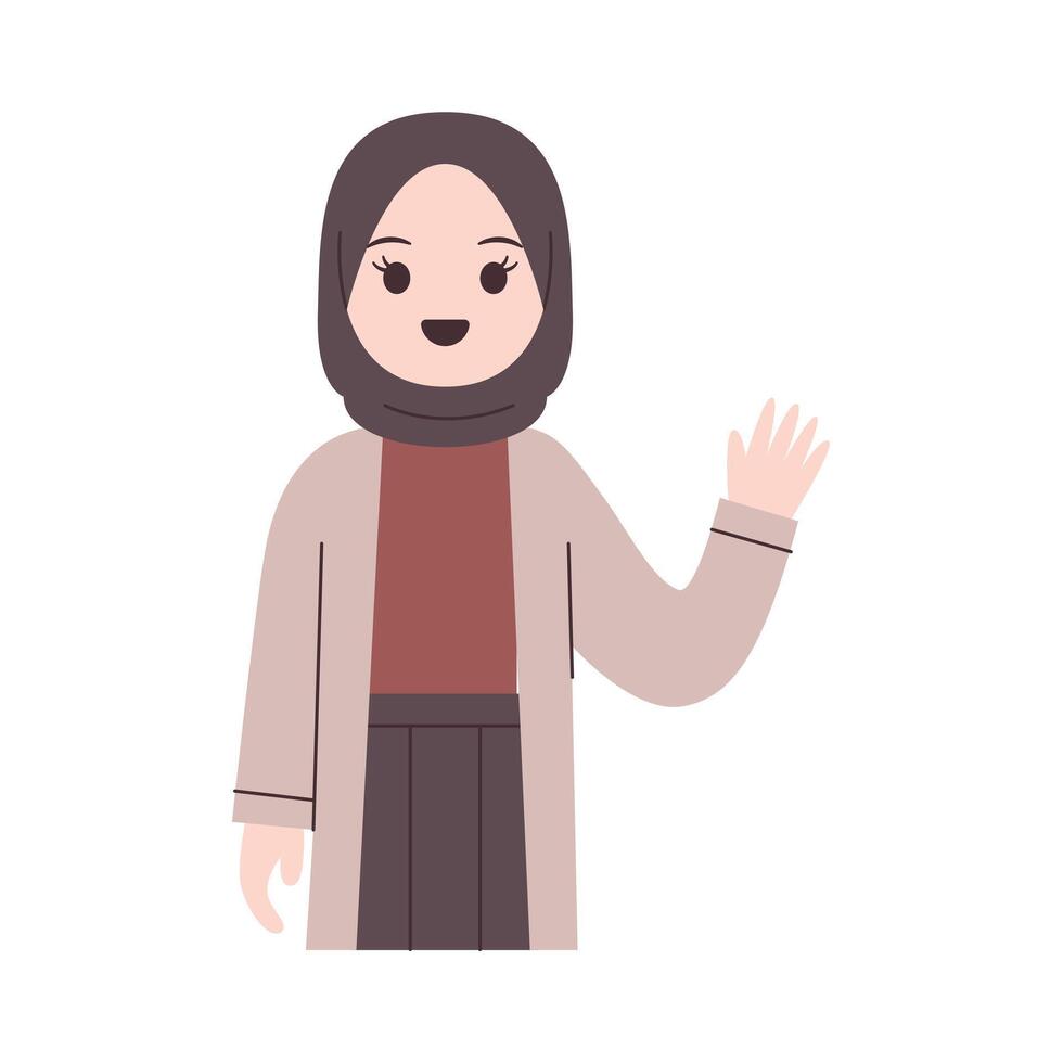 meisje met hijab verheven een hand- terwijl golvend vector