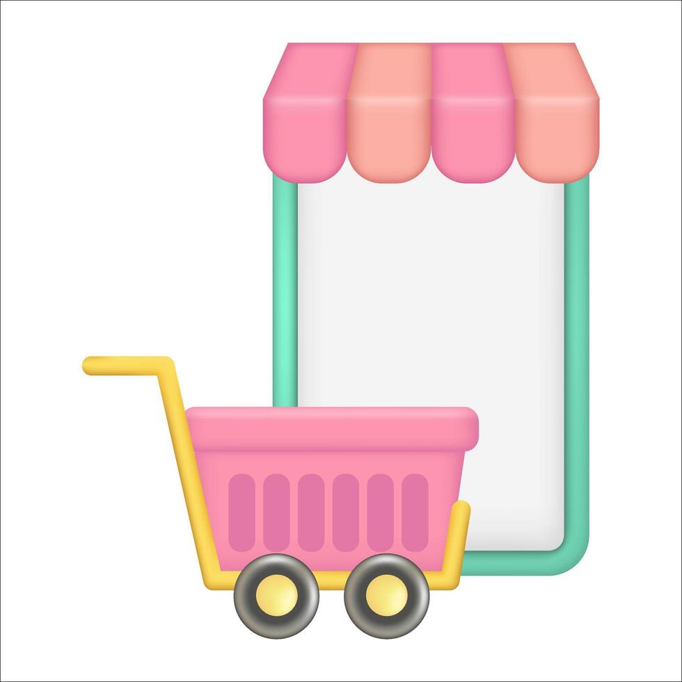 smartphone met karretje. online boodschappen doen via mobiel app. online boodschappen doen via telefoon, internet op te slaan, online boodschappen doen concept. vector