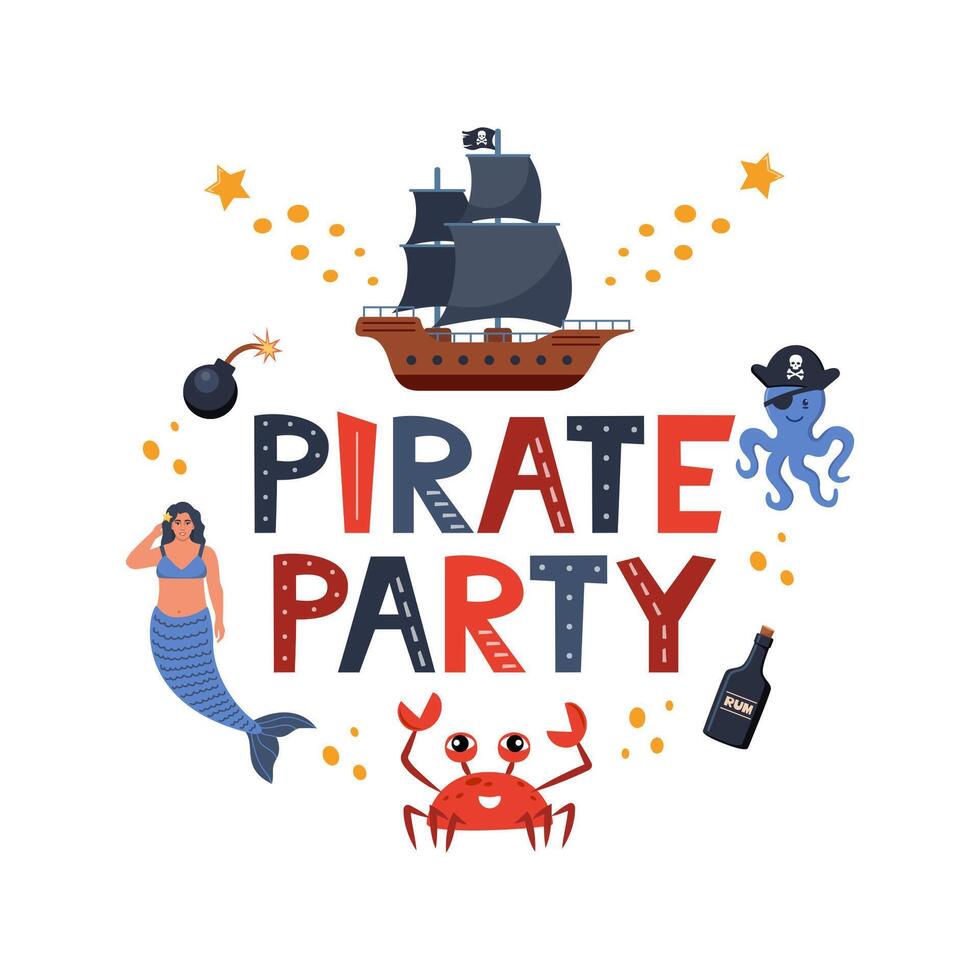 vector illustratie piraat partij belettering met piraat schip, Octopus, rum, krab, meermin. kinderen logo embleem. textiel kleding stof afdrukken. vector illustratie.