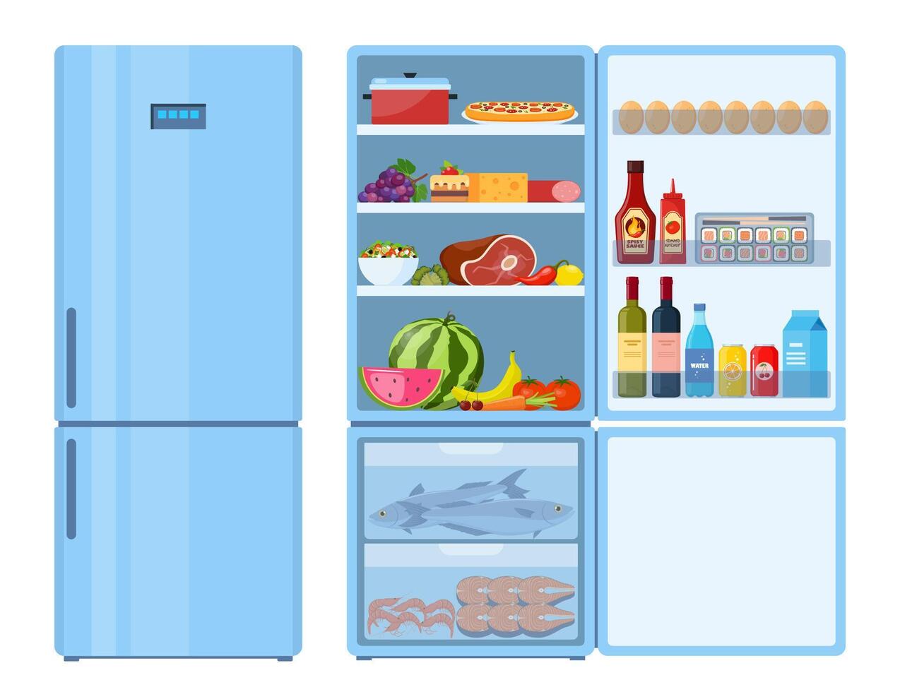 koelkast. Gesloten en Open koelkast. blauw koelkast met gezond voedsel, water, voldoen aan, groenten, vruchten. vector illustratie.