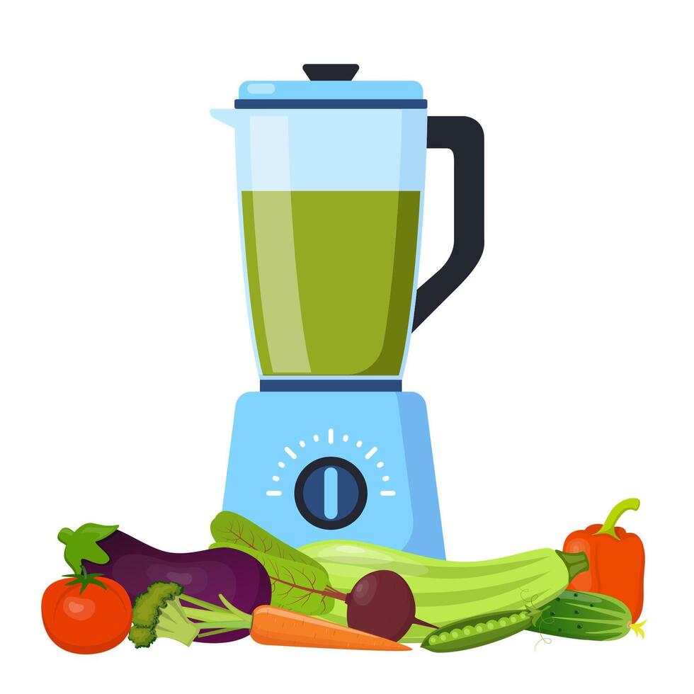 blender of mixer. uitrusting voor smoothie maken. divers groenten. tomaat, peper, wortel, broccoli, komkommer. keuken gereedschap voor Koken. vector illustratie.