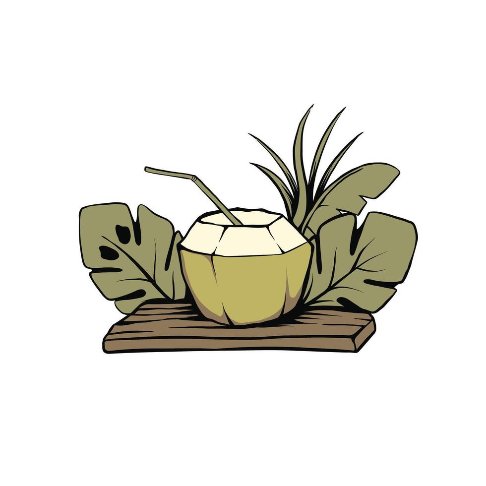 illustratie van kokosnoot Aan houten tafel met monstera blad vector illustratie