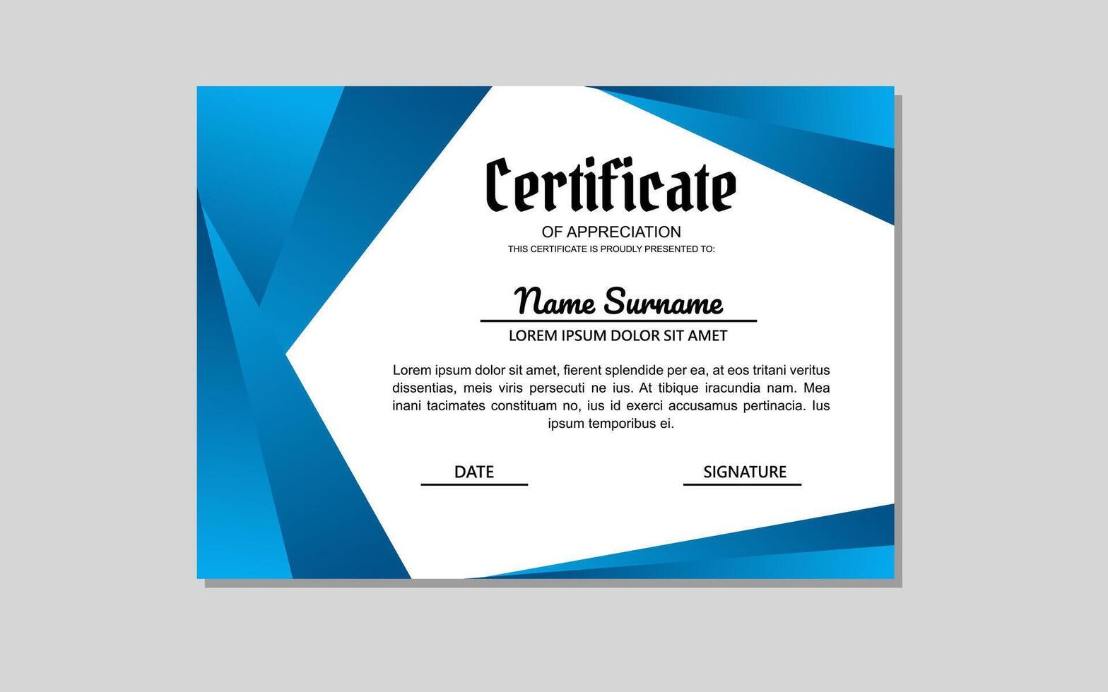 certificaat sjabloon ontwerp in blauw abstract stijl voor onderwijs en bedrijf waardering vector