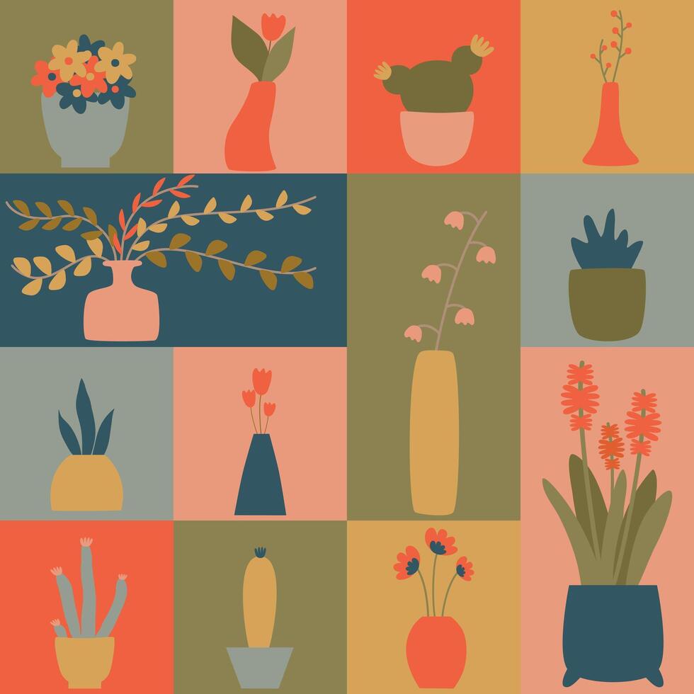 schattig retro naadloos patroon Aan een blauw achtergrond met bloemen in vazen vector illustratie