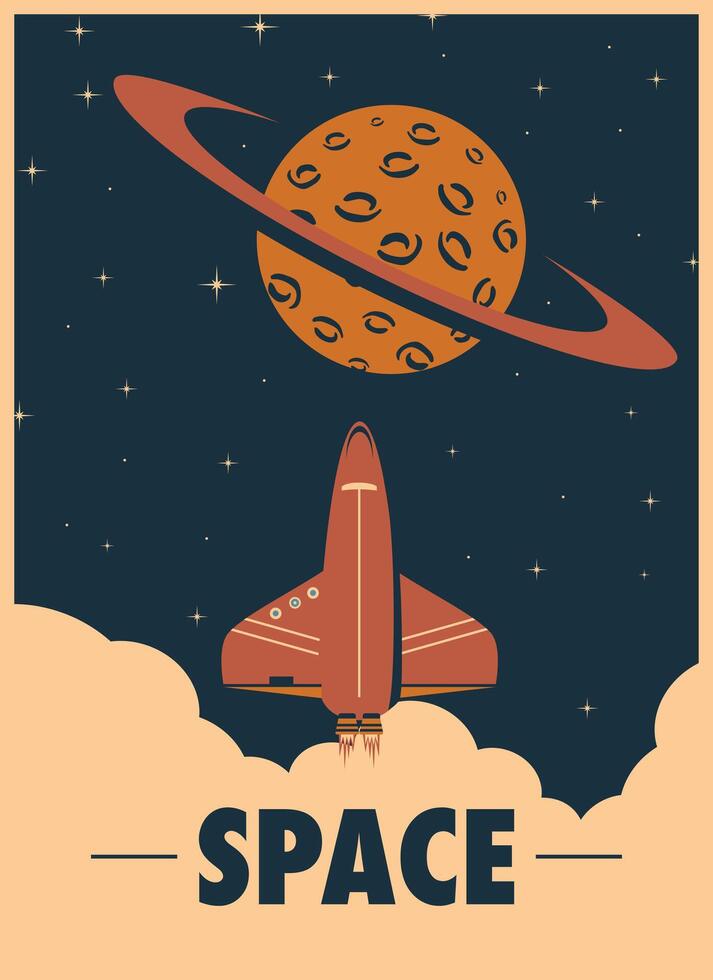 retro poster met een ruimte shuttle, planeet met ringen en tekst vector