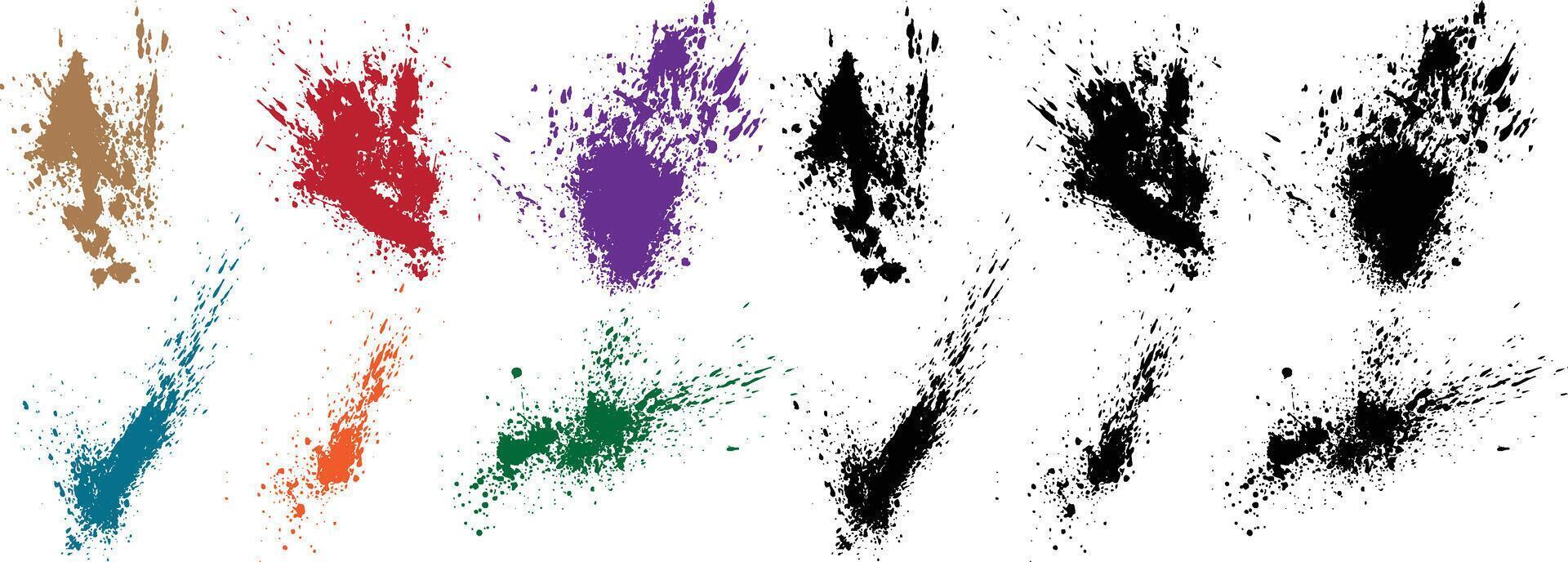 bundel van Purper, tarwe, zwart, rood, groente, oranje kleur geklater bekladden verven inkt borstel beroerte lijn achtergrond verzameling vector