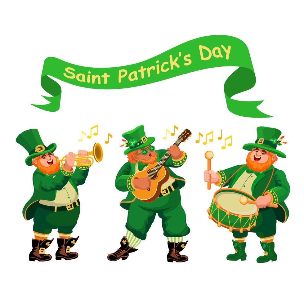 muzikanten in elf van Ierse folklore kostuums. heilige patricks dag. vakantie vector illustratie.