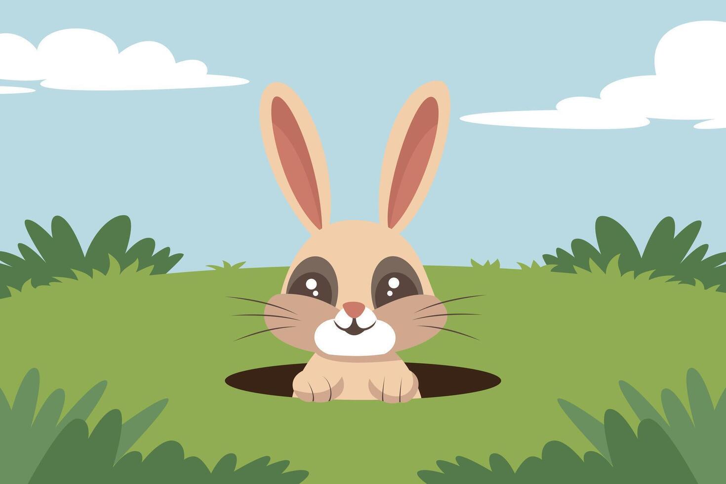 een konijn komt uit van een gat Aan een groen gazon. illustratie in vector formaat.