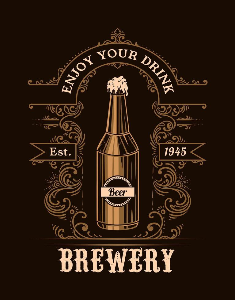 geïsoleerd retro wijnoogst bier logo, ornament logo met een fles van bier in de bruin kleur vector