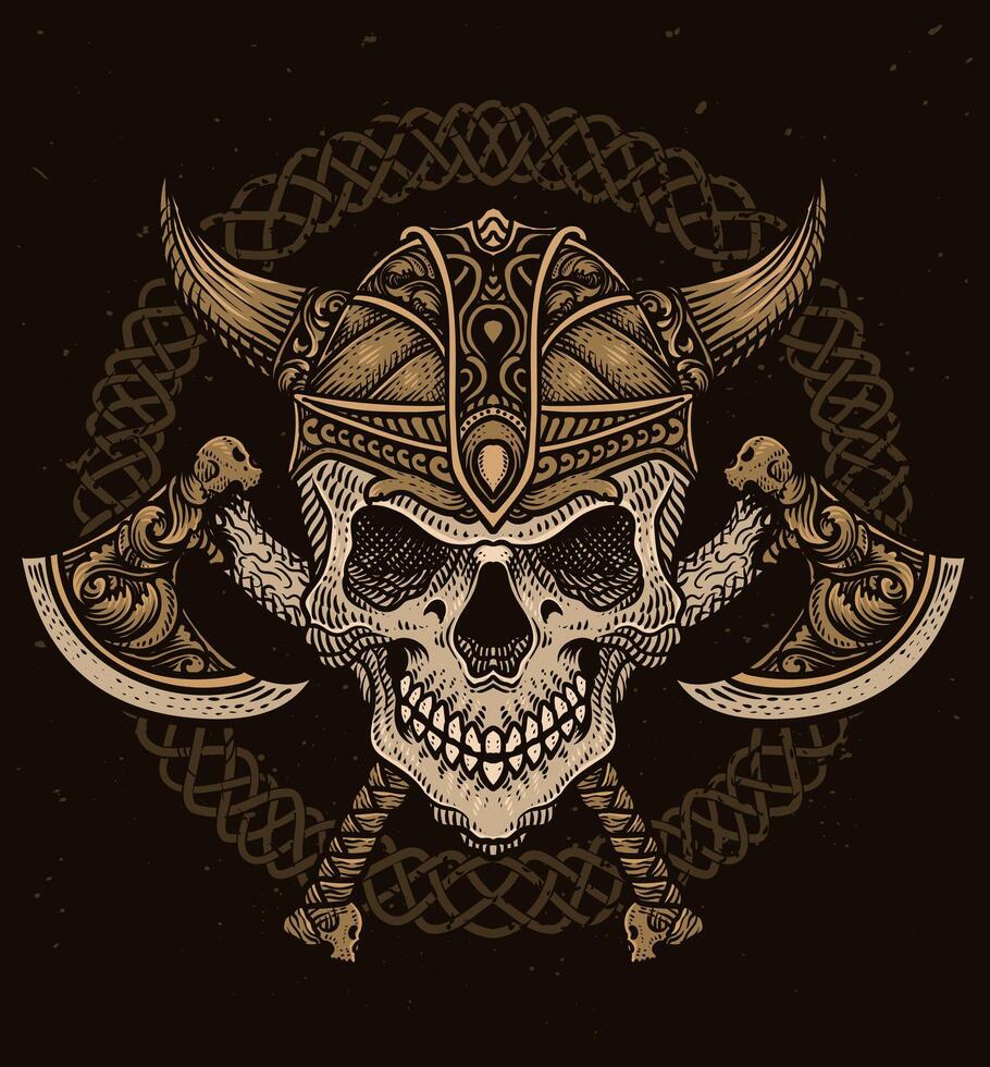 geïsoleerd viking schedel hoofd met twee bijl wapen, t overhemd ontwerp, tatoeëren ontwerp, vector illustratie