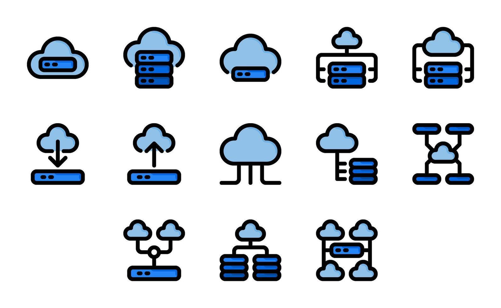 wolk opslagruimte icoon set, voor technologie, toepassingen, kunstmatig intelligentie, computers en informatie systemen vector