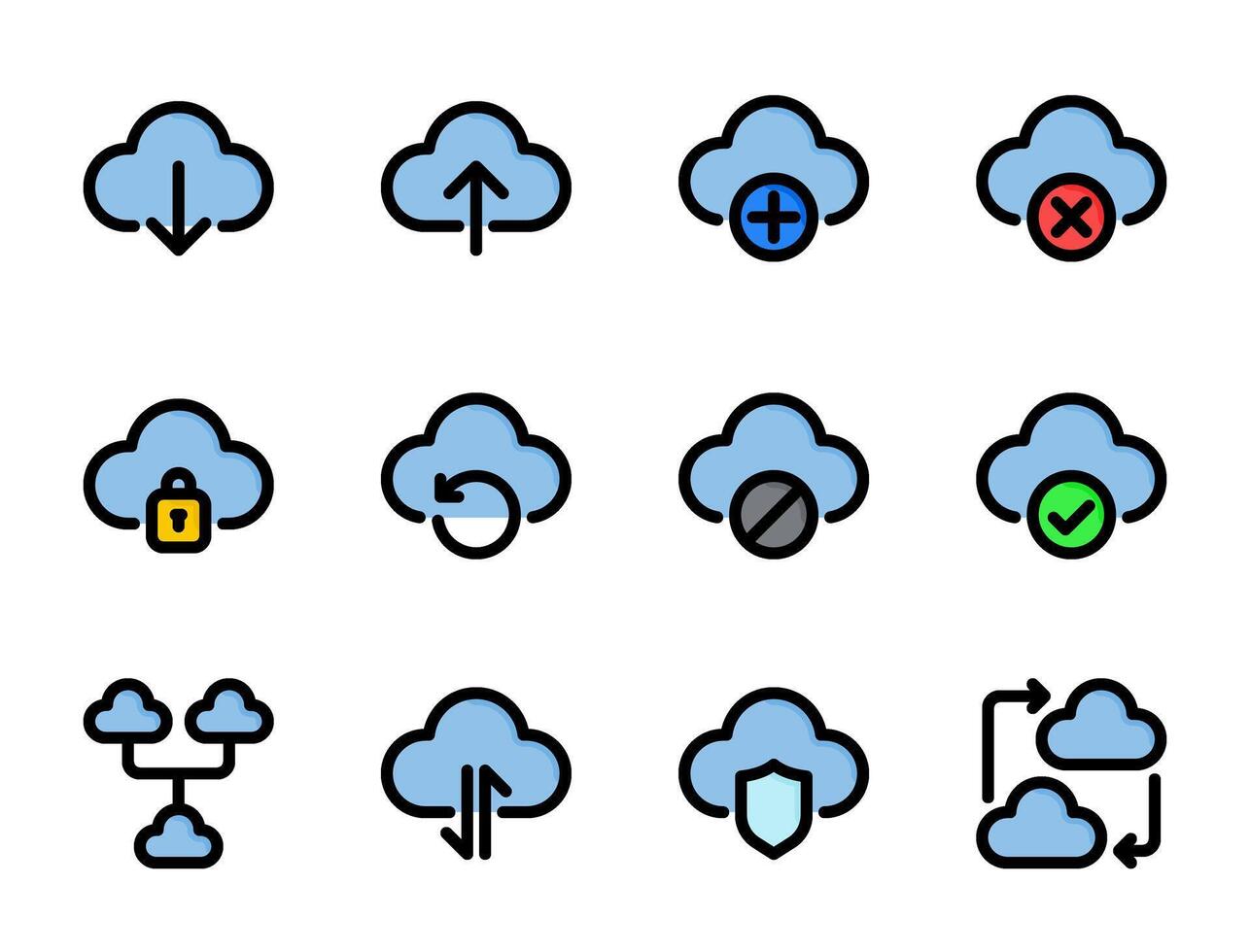 wolk server icoon set, voor wolk computergebruik, informatie technologie, ai, groot gegevens, en computer systemen. vector