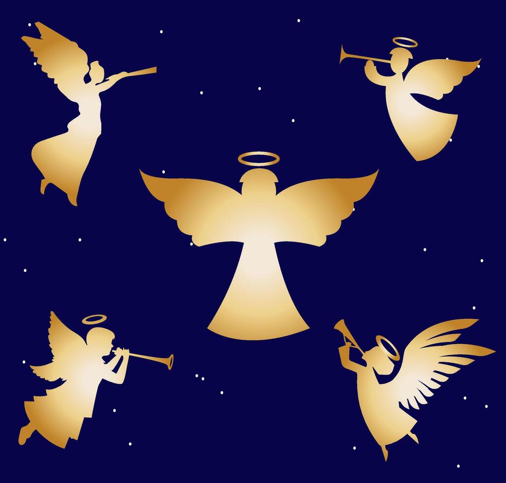 gouden vliegend Kerstmis engelen silhouetten Aan blauw achtergrond vector