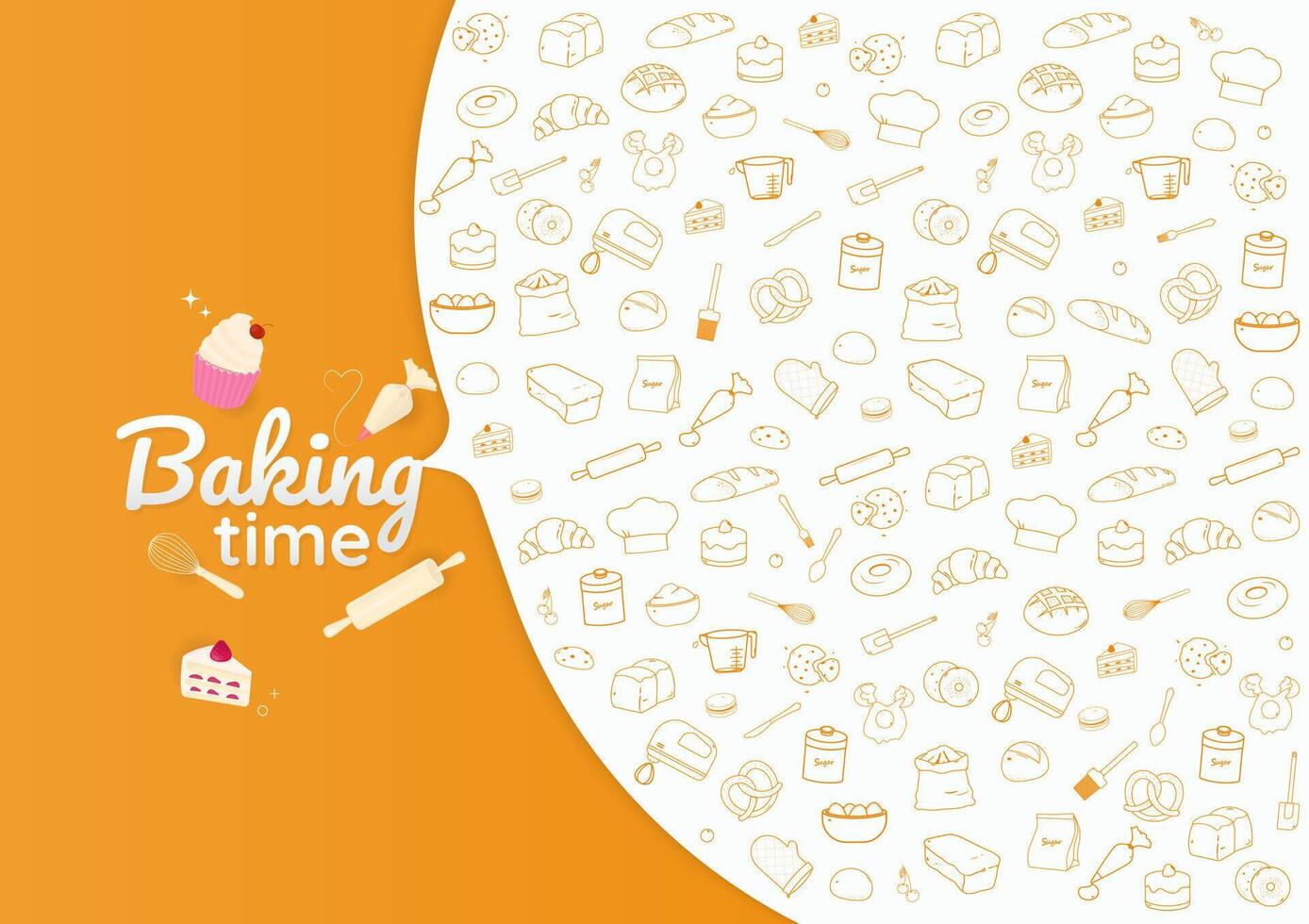 bakkerij en bakken icoon met tekst Aan oranje achtergrond vector