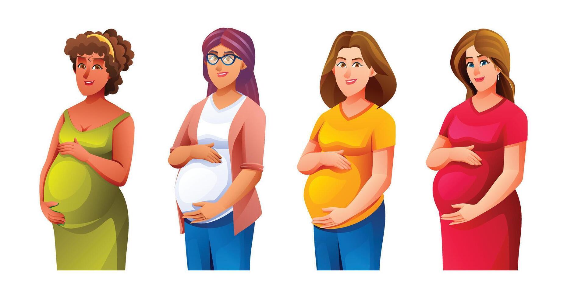 reeks van zwanger Dames knuffelen haar buik, aan het wachten voor een baby. vector tekenfilm illustratie