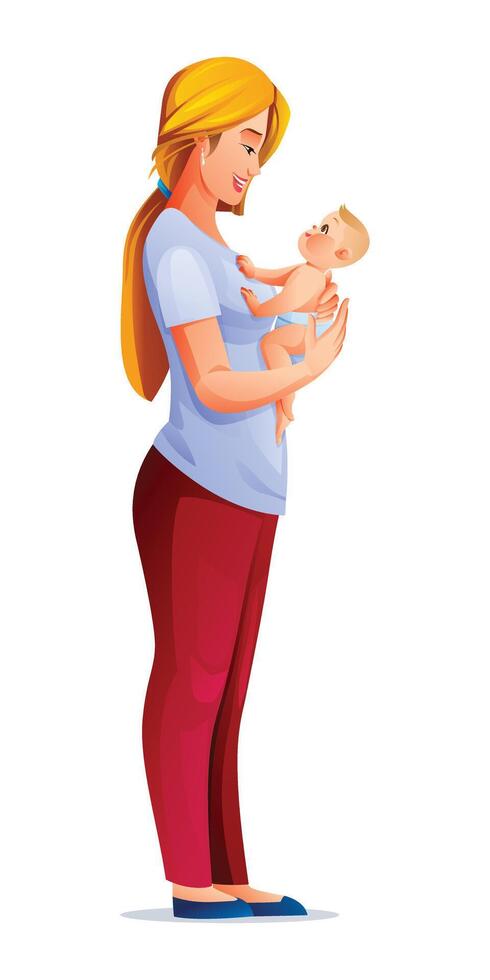 moeder Holding baby zoon in armen. vector tekenfilm illustratie