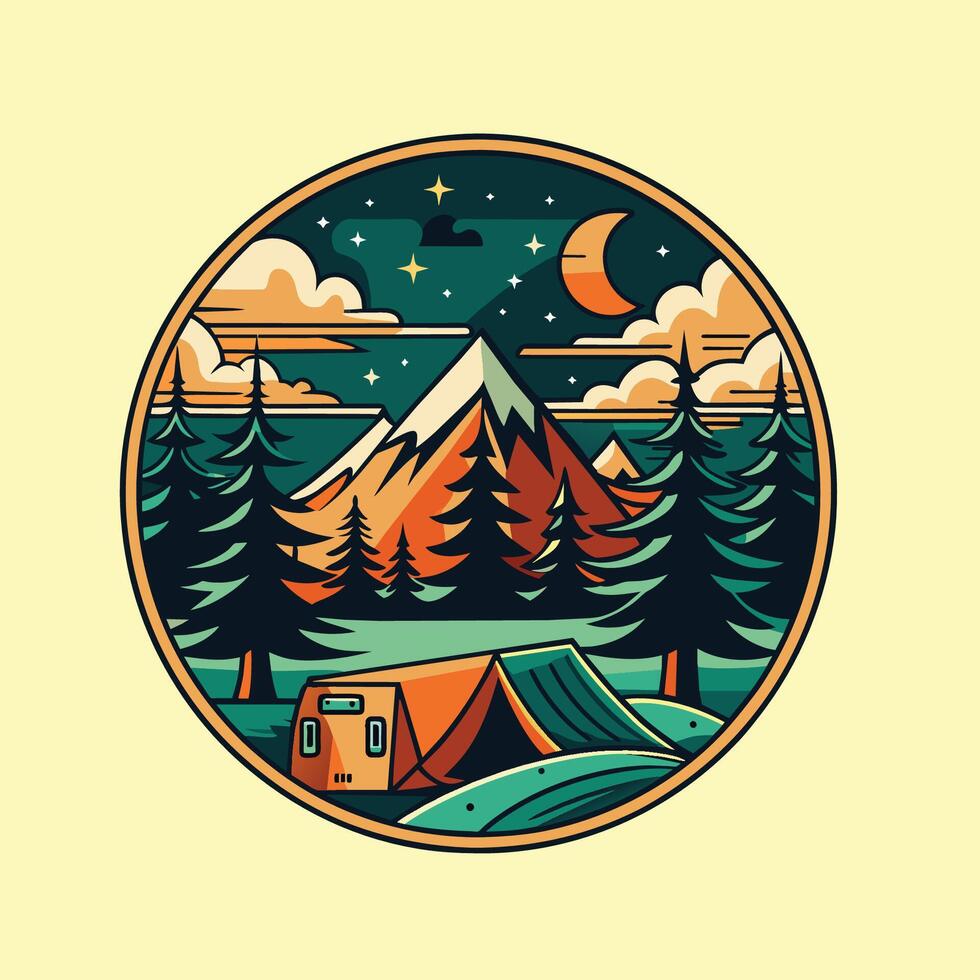 camping logo, t overhemd ontwerp retro stijl. vector illustratie
