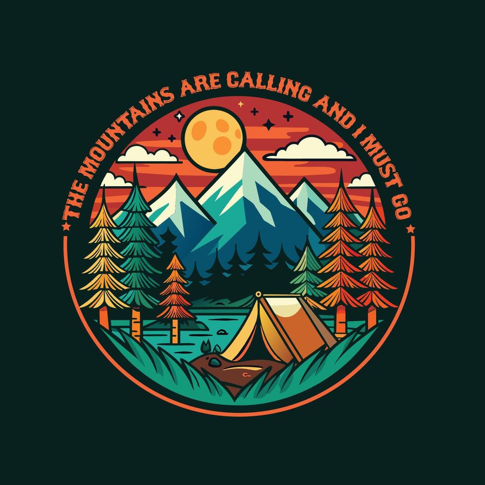 camping logo, t overhemd ontwerp met een tent, bergen en Woud. vector illustratie.