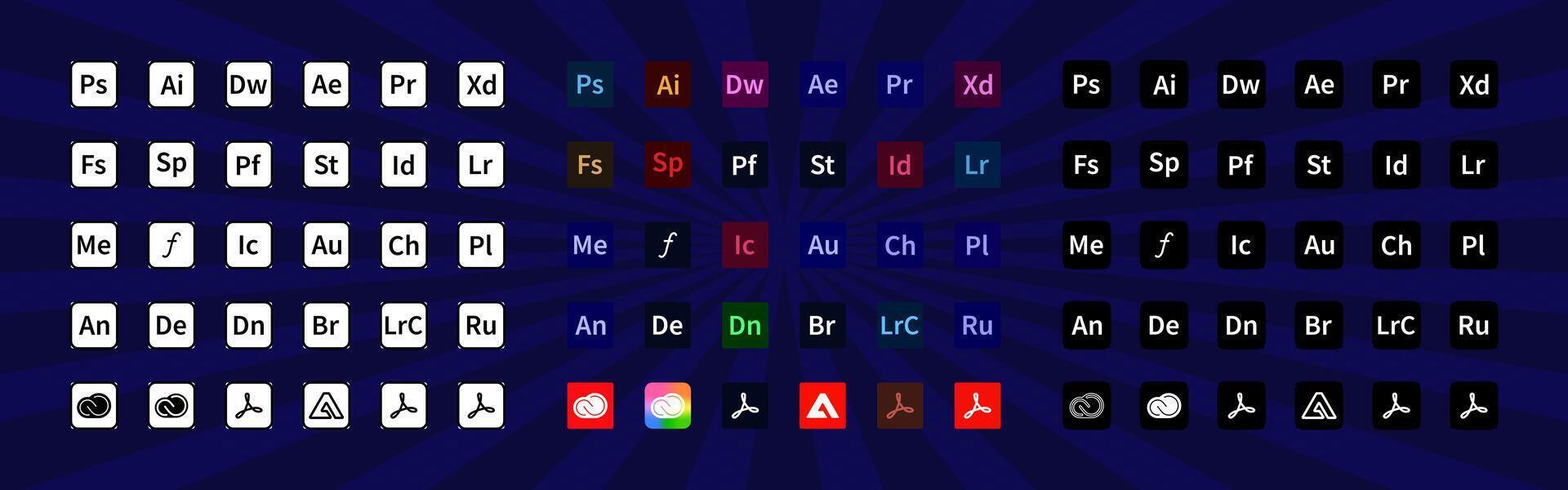 Adobe producten. logotype reeks van Adobe apps illustrator, photoshop, creatief wolk, na Effecten, lichte kamer, première pro. programma's logos verzameling. redactioneel vector illustratie