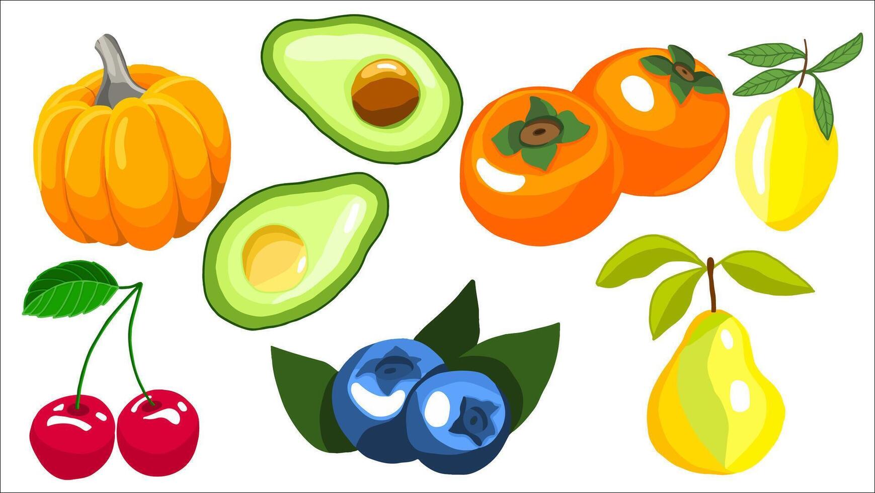 geassorteerd vers fruit en groenten illustratie met pompoen, avocado's, en bessen vector